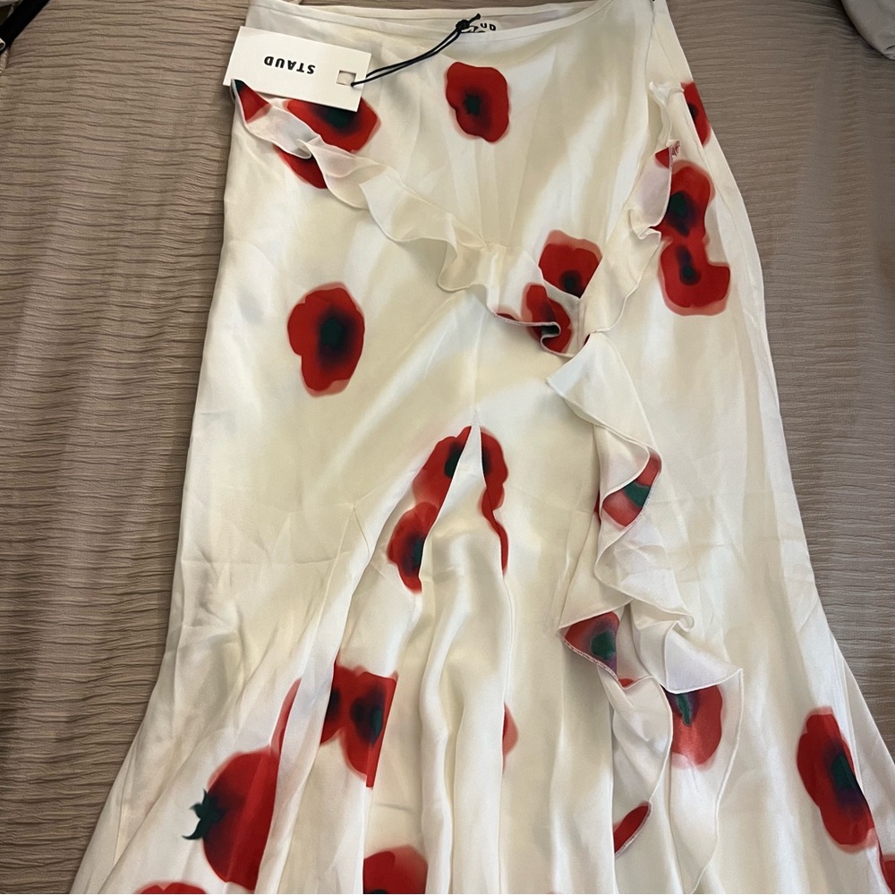 STAUD Midi Skirt with Red Floral Design